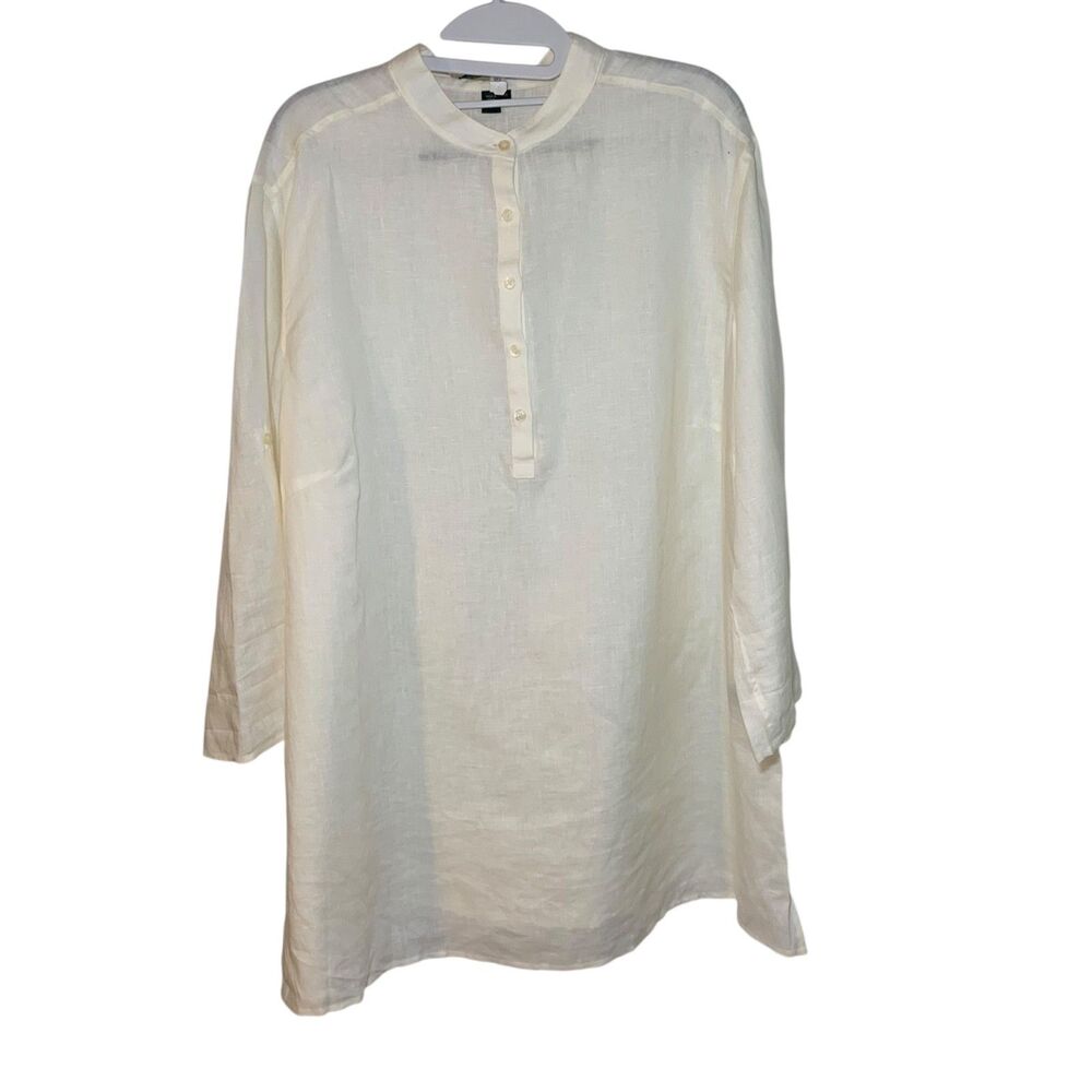 Lauren Ralph Lauren Cream Linen Roll Tab Sleeve Top 1X Beach Vacation Resort